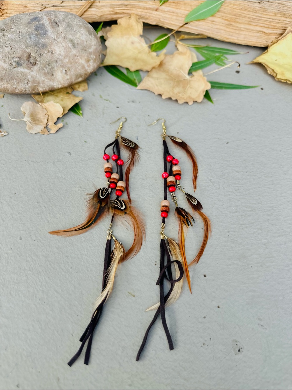 Handmade Boho Feather Dangle Earrings - Brown & Red
